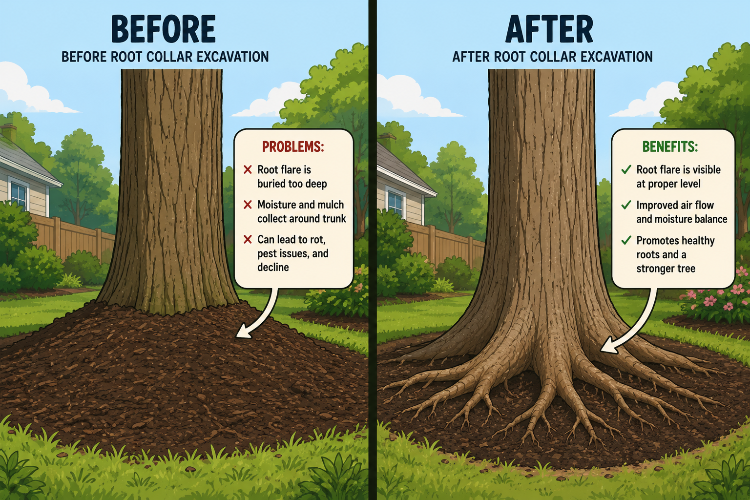 Before and after root collar excavation showing buried root flare and exposed roots