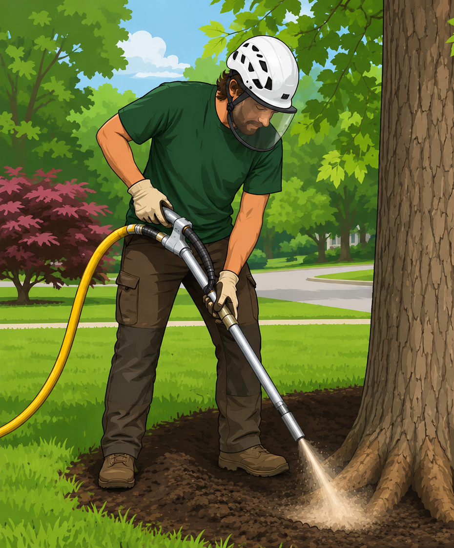 Arborist using an air spade around the base of a tree